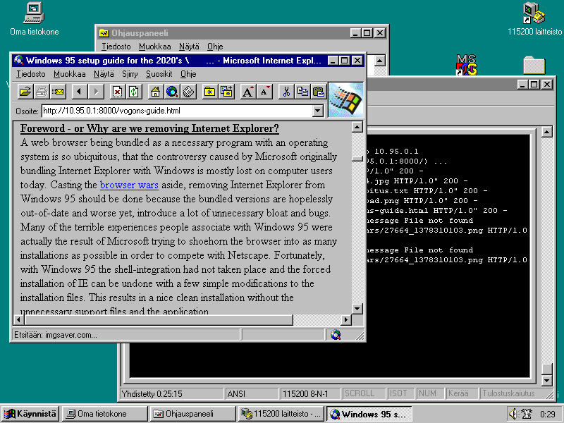 Internet Explorer 2 showing a section of the Vogons "Windows 95 setup guide for the 2020's" on removing Internet Explorer. The page is served from 10.95.0.1:8000