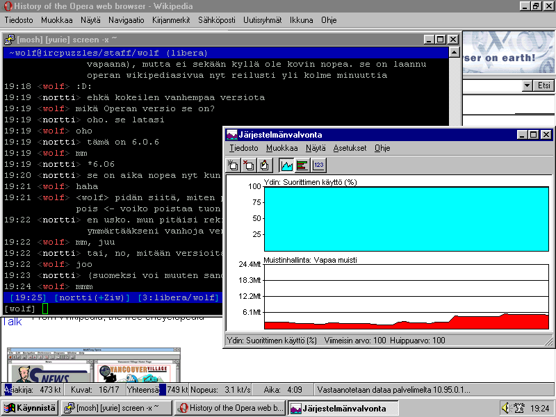 System monitor showing consistent 100% CPU usage and ~5 MiB of free RAM, with some fluctuation