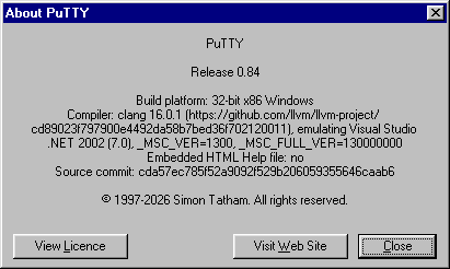 PuTTY about dialog showing it's version 0.84, &copy; 1997-2026 Simon Tatham