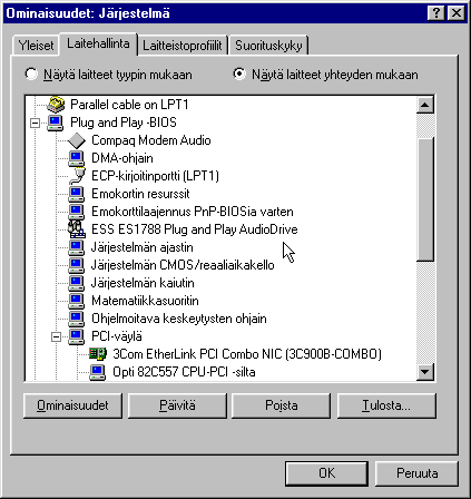 Tree of devices, with many devices under "Plug and Play -BIOS", including "PCI-v&auml;yl&auml;" which has further devices under it